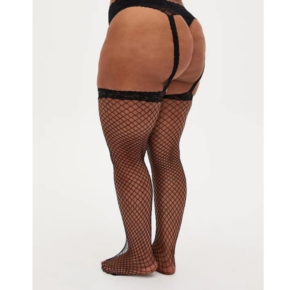3 for $30 TORRID NWT BLACK FISHNET & LACE FAUX GARTER TIGHTS - Picture 2 of 2
